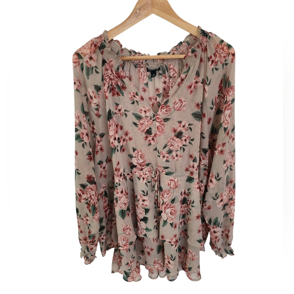 Torrid Crinkle Chiffon Drawstring Unlined Double Layer Pink Floral Blouse Size 3